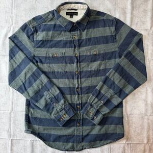 Aeropostale Men’s Medium Navy Blue Olive Green Speckled Striped Button Up Shirt